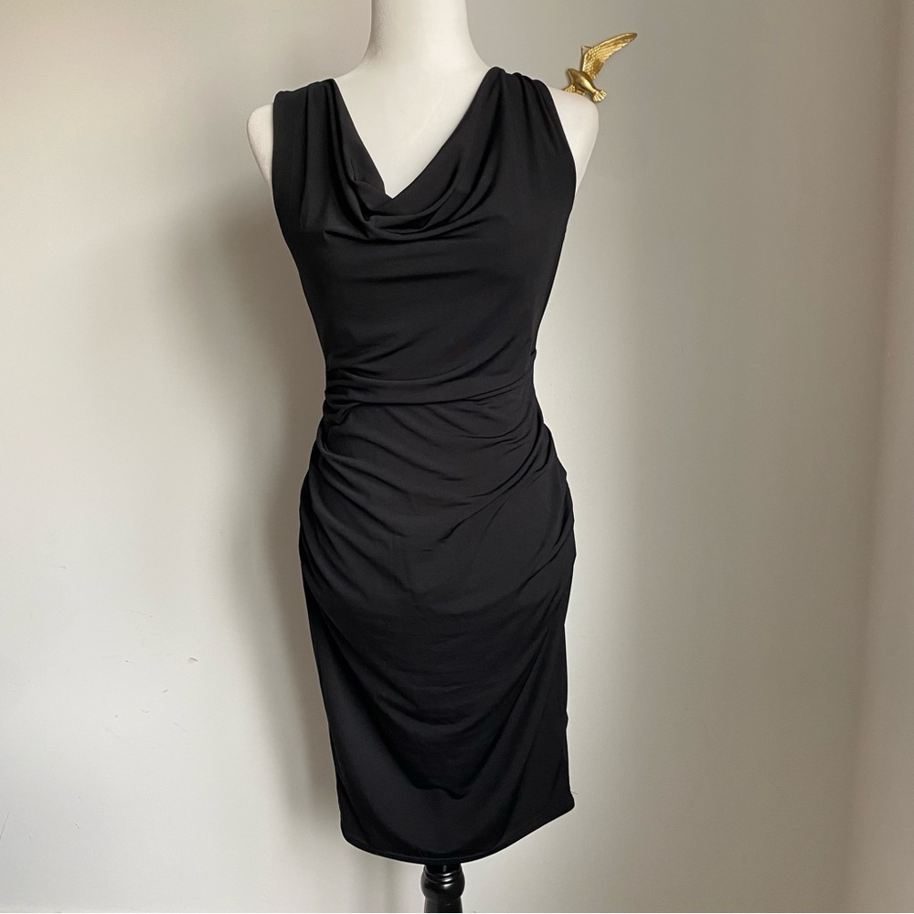 Sleeveless Black Cowl Neck Ruched Sheath Dress